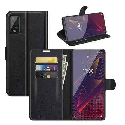 Black litchi-texture flip wallet case with card slots and viewing stand