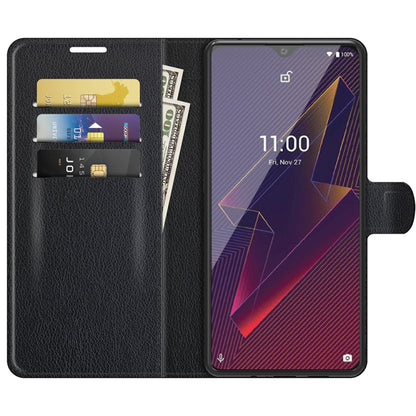 Black flip wallet case with card slots, phone front visible