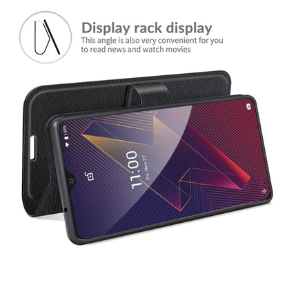 Black litchi-texture flip wallet case with card slots and display stand