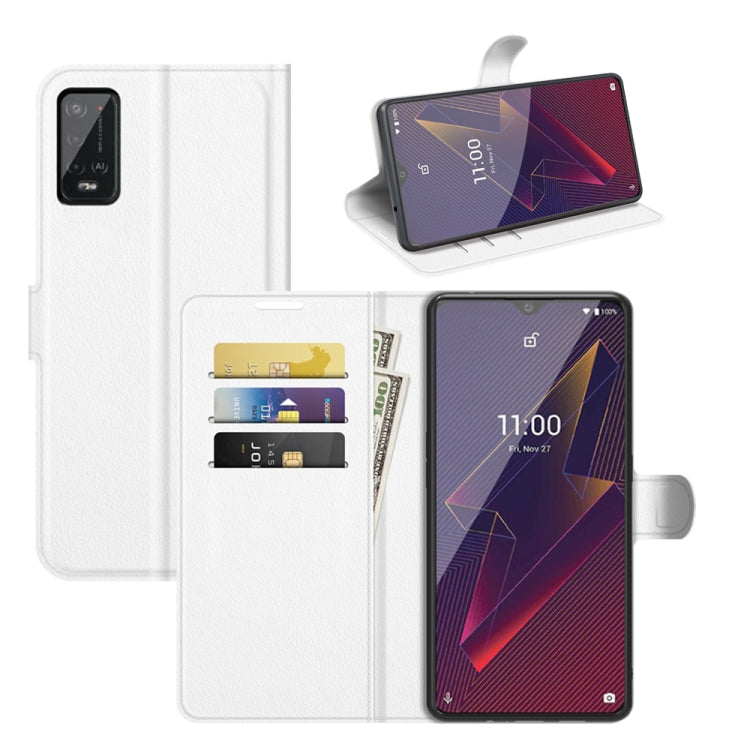 White litchi-texture flip wallet case with card slots and viewing stand