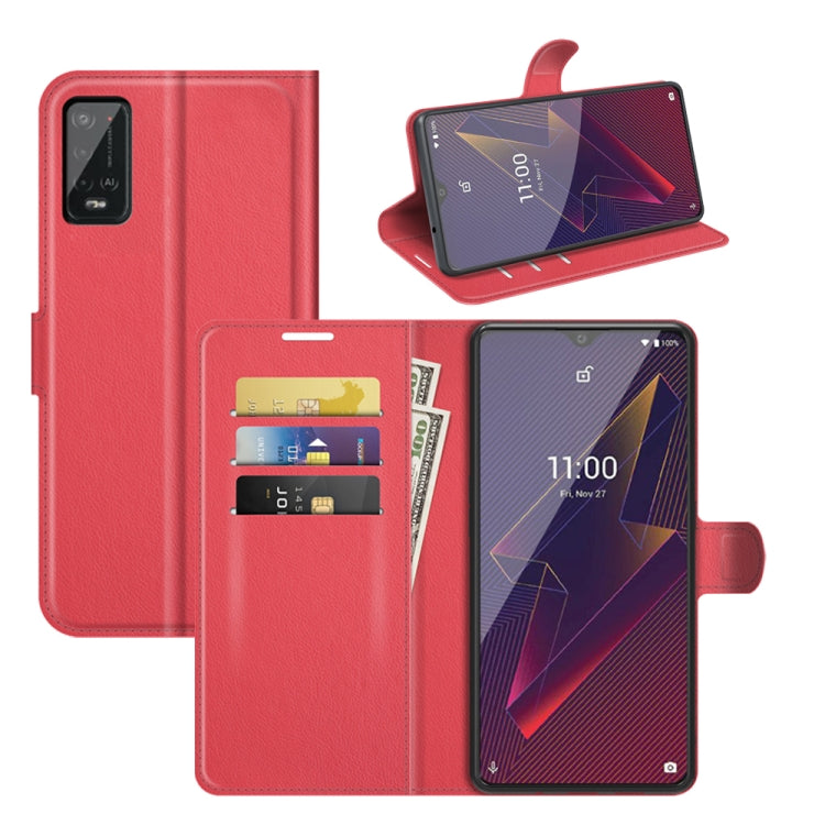 Red litchi-texture flip wallet case with card slots and viewing stand