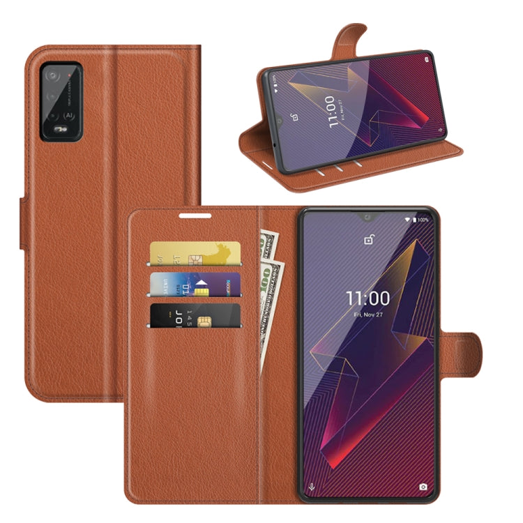 Brown litchi-texture flip wallet case with card slots and viewing stand