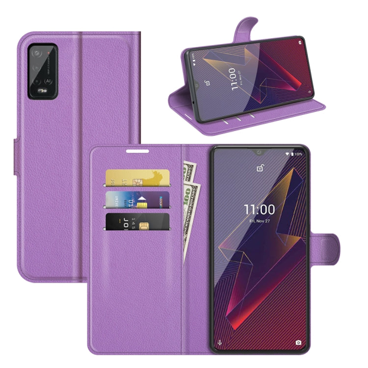 Purple litchi-texture flip wallet case with card slots and viewing stand