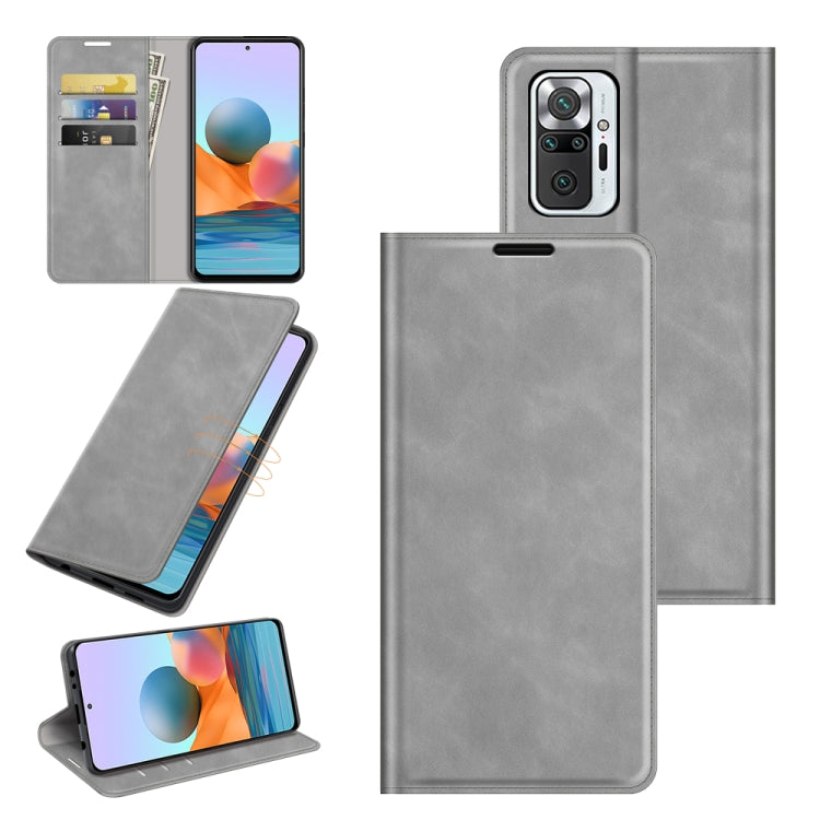 Magnetic leather wallet phone case with card slots and stand, grey finish