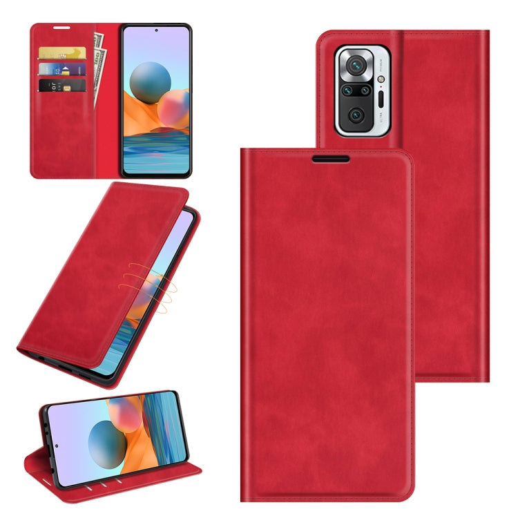 Magnetic leather wallet phone case with card slots and stand, red
