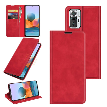 Magnetic leather wallet phone case with card slots and stand, red