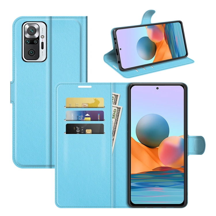 Blue litchi-texture flip phone case with card slots and holder for Redmi Note 10 Pro