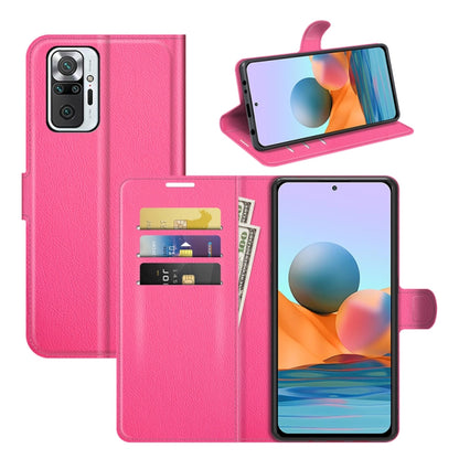 Pink litchi-texture flip phone case with card slots and holder for Redmi Note 10 Pro