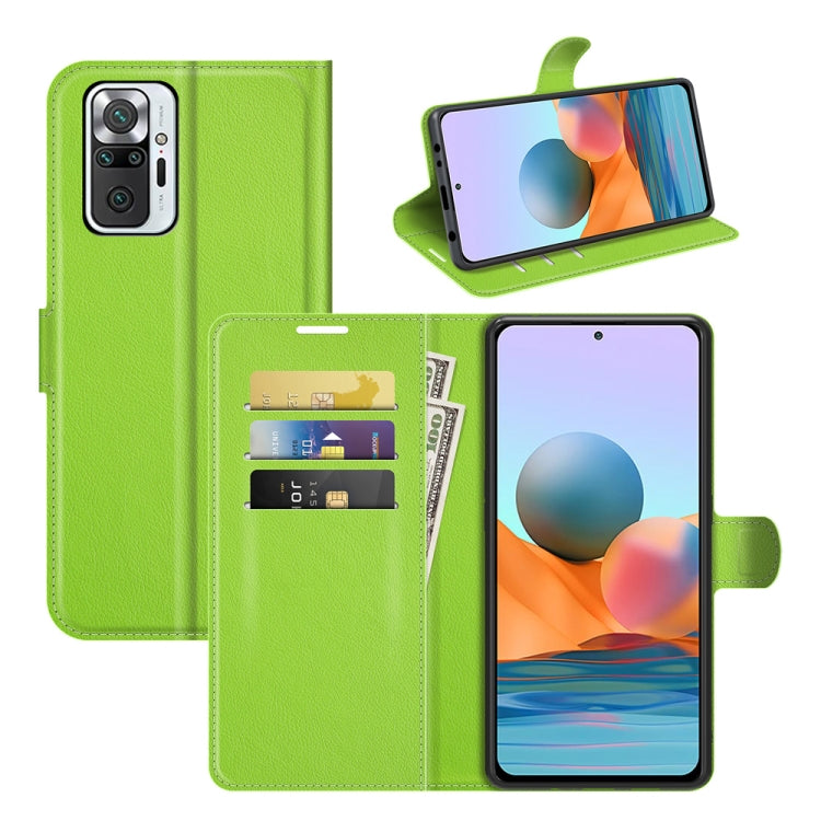 Green litchi-texture flip phone case with card slots and holder for Redmi Note 10 Pro