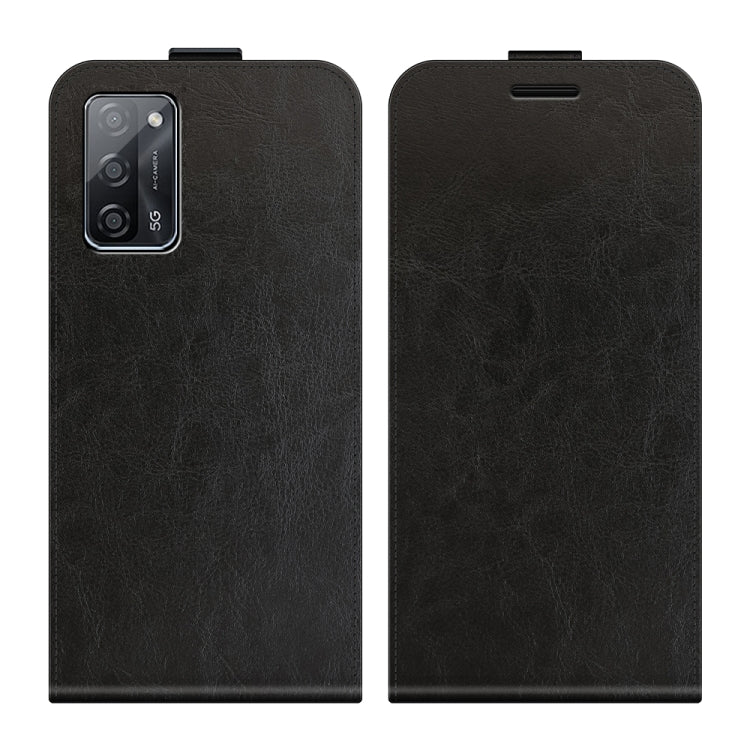 Black vertical flip leather phone case for OPPO A55 5G, front and back views