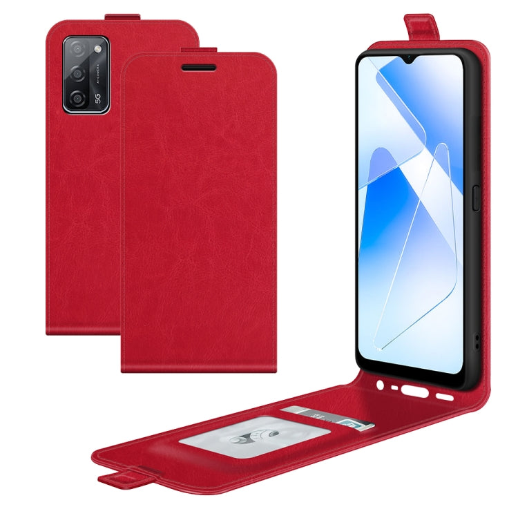 Red vertical flip leather phone case for OPPO A55 5G, open display and card slots