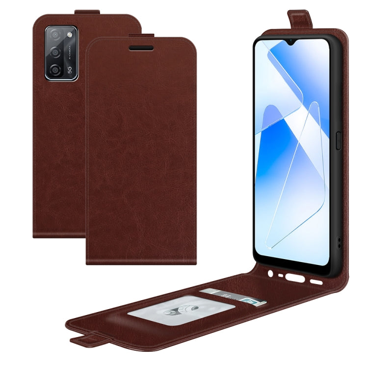 Brown vertical flip leather phone case for OPPO A55 5G, back views and open card slot