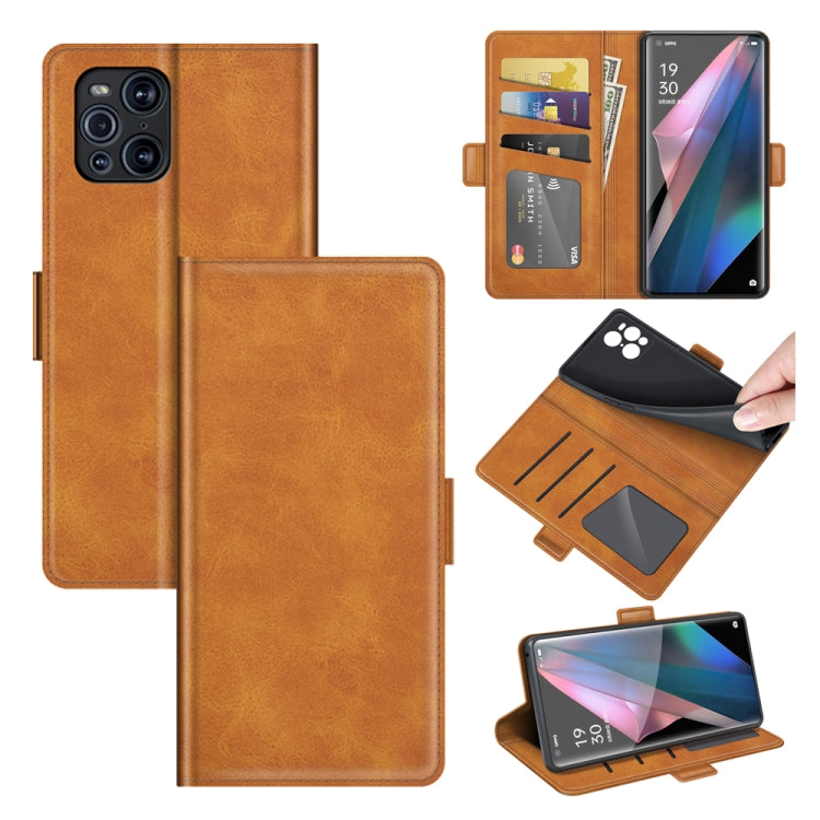 Leather wallet phone case with dual flip cover, card slots, and magnetic closure, brown/yellow