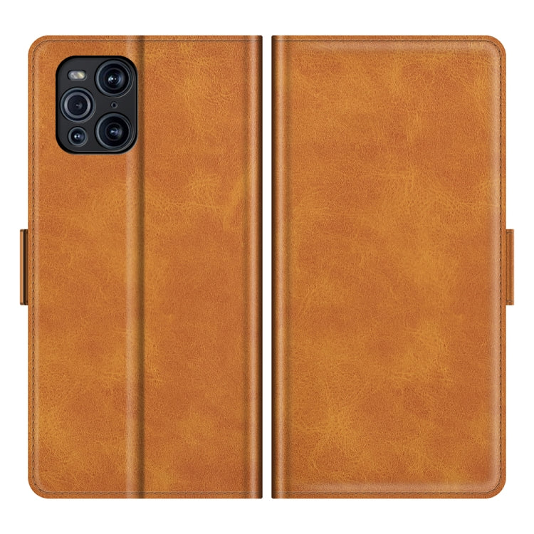 Brown leather phone case front and back views with flip cover and side stand tabs