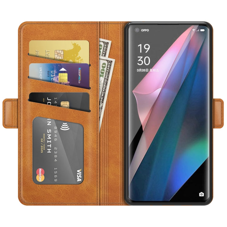 Brown leather wallet phone case with card slots showing inserted cards and phone display