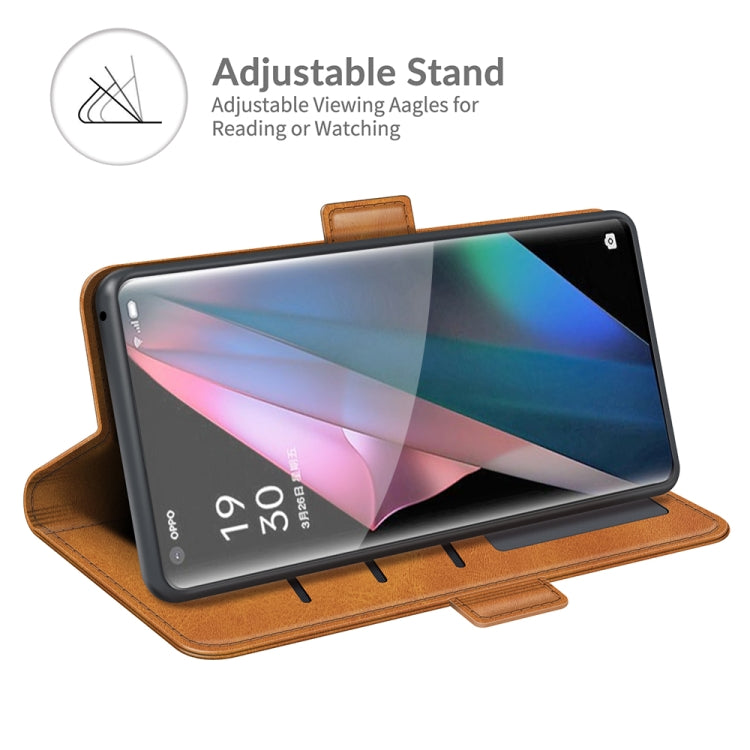 Brown leather wallet phone case propped up as an adjustable stand for viewing