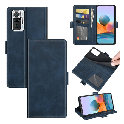 Dark blue dual-side magnetic flip leather phone wallet case with card slots and holder