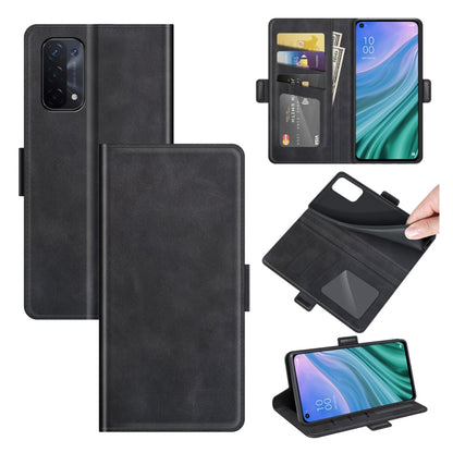 Black leather-style flip phone case with magnetic buckle, card slots, and holder