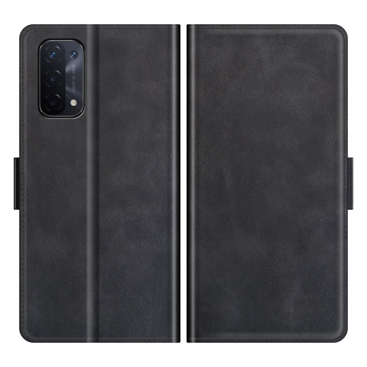 Black leather-style flip phone case with side cutouts and protective back cover