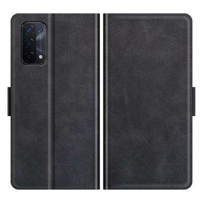 Black leather-style flip phone case with side cutouts and protective back cover