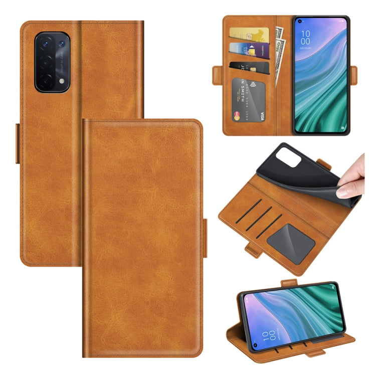 Brown leather-style flip phone case with magnetic buckle and card slots