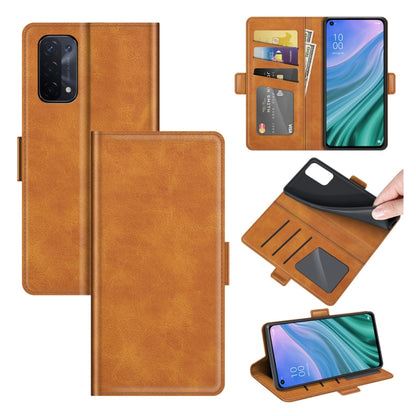 Brown leather-style flip phone case with magnetic buckle and card slots