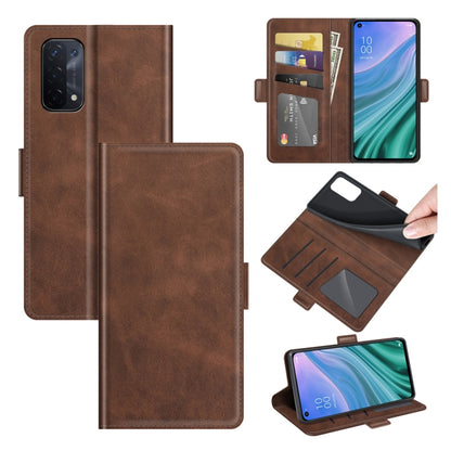 Dark brown leather-style flip phone case with magnetic buckle and card slots