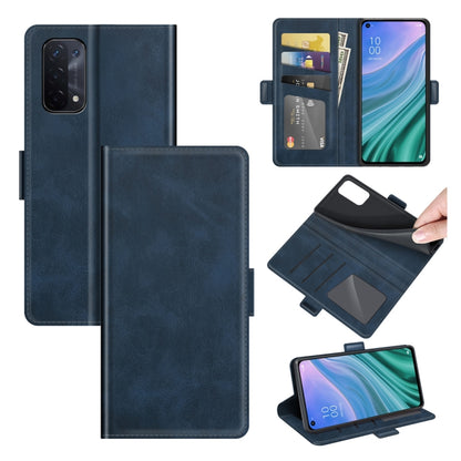 Dark blue leather-style flip phone case with magnetic buckle and card slots