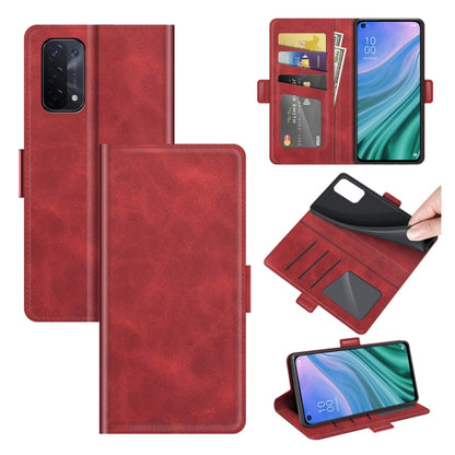 Red leather-style flip phone case with magnetic buckle and card slots