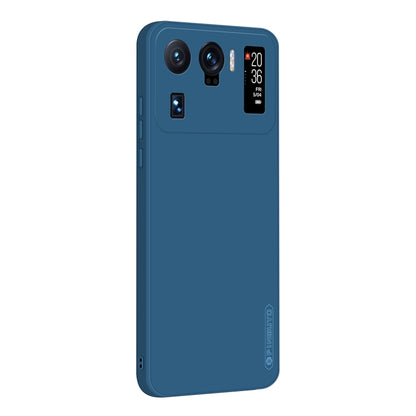 Blue phone case with camera cutouts and raised edges for shock protection