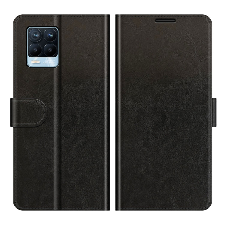 Black flip wallet case for Realme 8 with magnetic closure and front card holder.