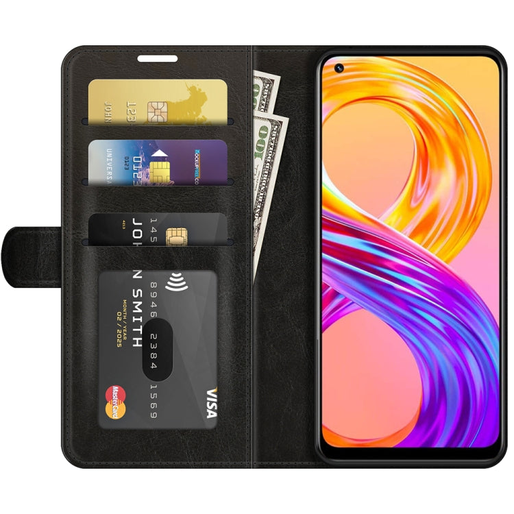 Black Realme 8 flip wallet case showing card slots and inner phone window cover.