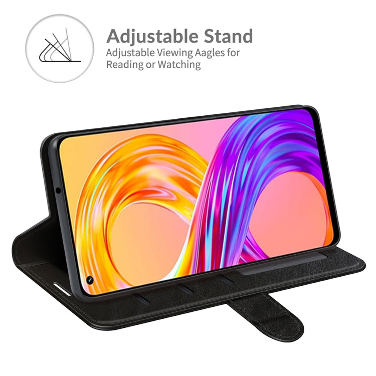 Black flip wallet case for Realme 8 with adjustable viewing stand for watching.