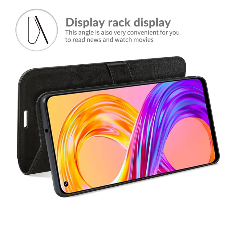Black Realme 8 flip wallet case with card slots and stand display rack feature.