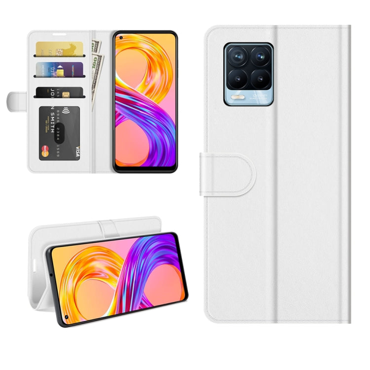 White flip wallet case for Realme 8 with card slots and front flip cover protection.