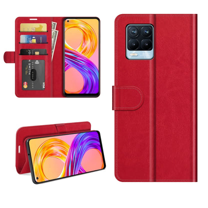 Red flip wallet case for Realme 8 with card slots and fold-over protective cover.