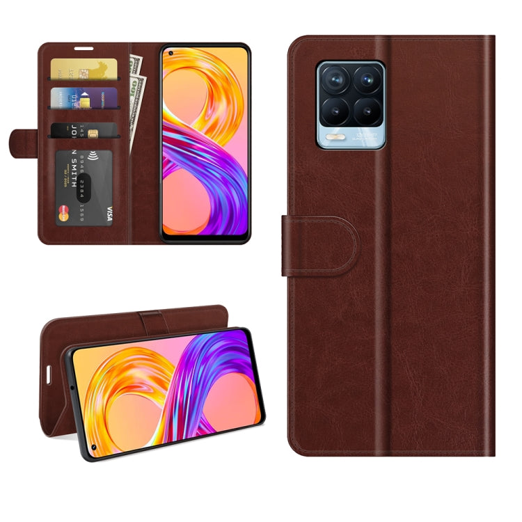 Brown flip wallet case for Realme 8 with card slots and front flip protection cover.