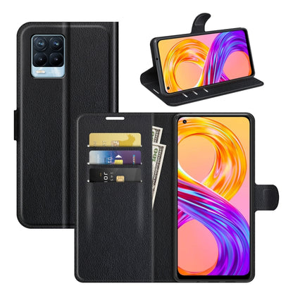 Black flip phone wallet case with card slots and horizontal stand.