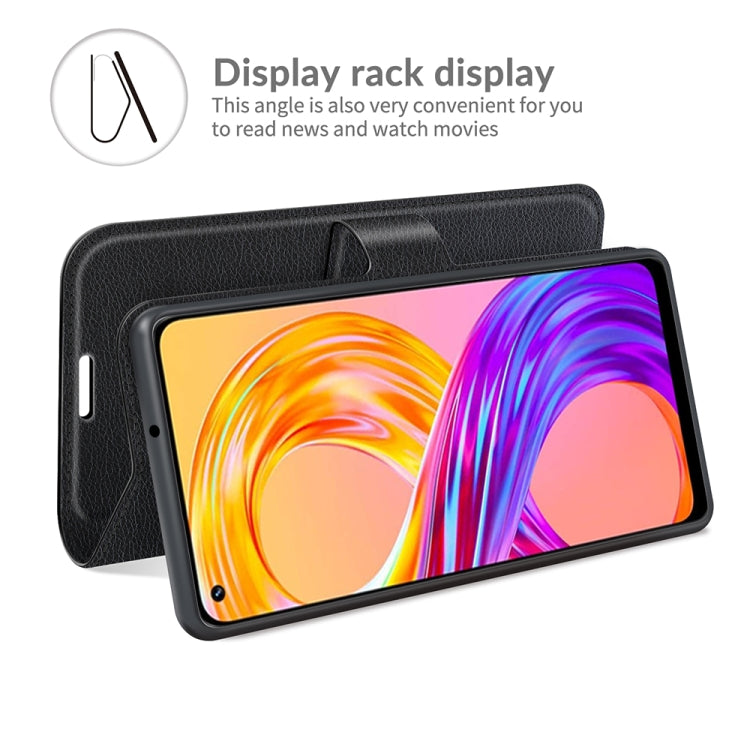 Black flip phone wallet case with built-in stand flap and card slots.