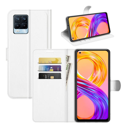 White flip phone wallet case with card slots and horizontal stand.