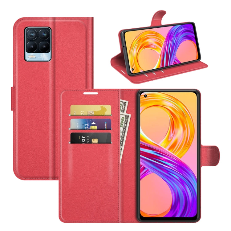 Red flip phone wallet case with card slots and horizontal stand.