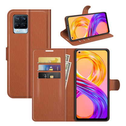 Brown flip phone wallet case with card slots and horizontal stand.