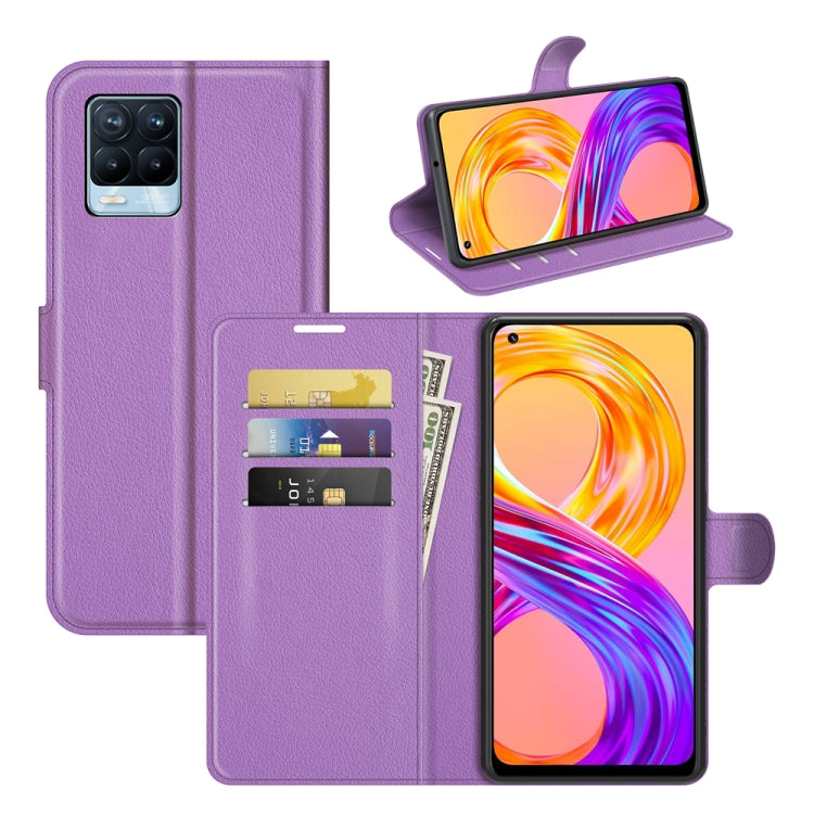 Purple flip phone wallet case with card slots and horizontal stand.