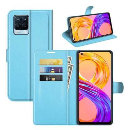 Light blue flip wallet phone case with card slots and stand holder