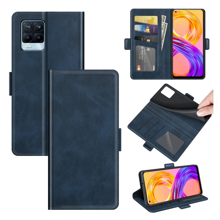 Magnetic flip leather phone case with wallet and card slots, dark blue finish