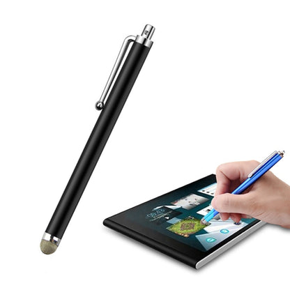 Capacitive stylus pen with black body and fiber tip, used on tablet touchscreen