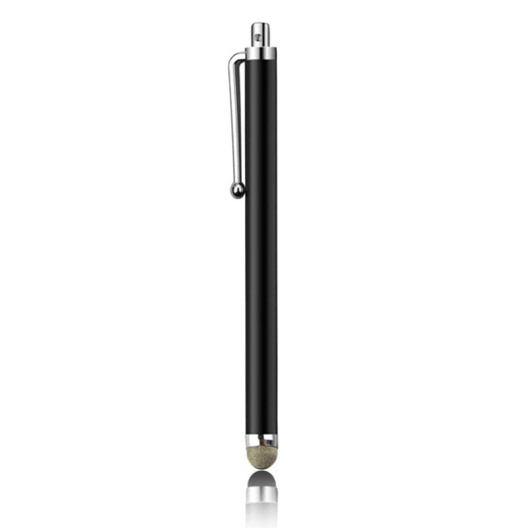 Capacitive stylus pen with black body and silver top, fiber tip close-up