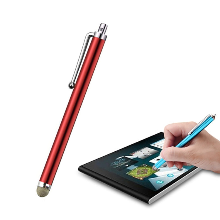 Capacitive stylus pen with red body and fiber tip, used on tablet touchscreen