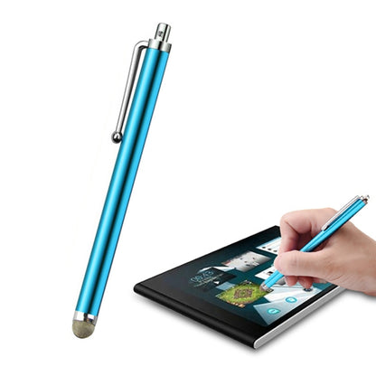 Capacitive stylus pen with blue body and fiber tip, used on tablet touchscreen