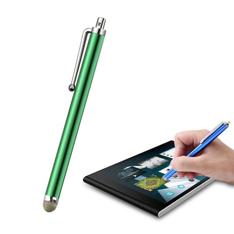 Capacitive stylus pen with green body and fiber tip, used on tablet touchscreen